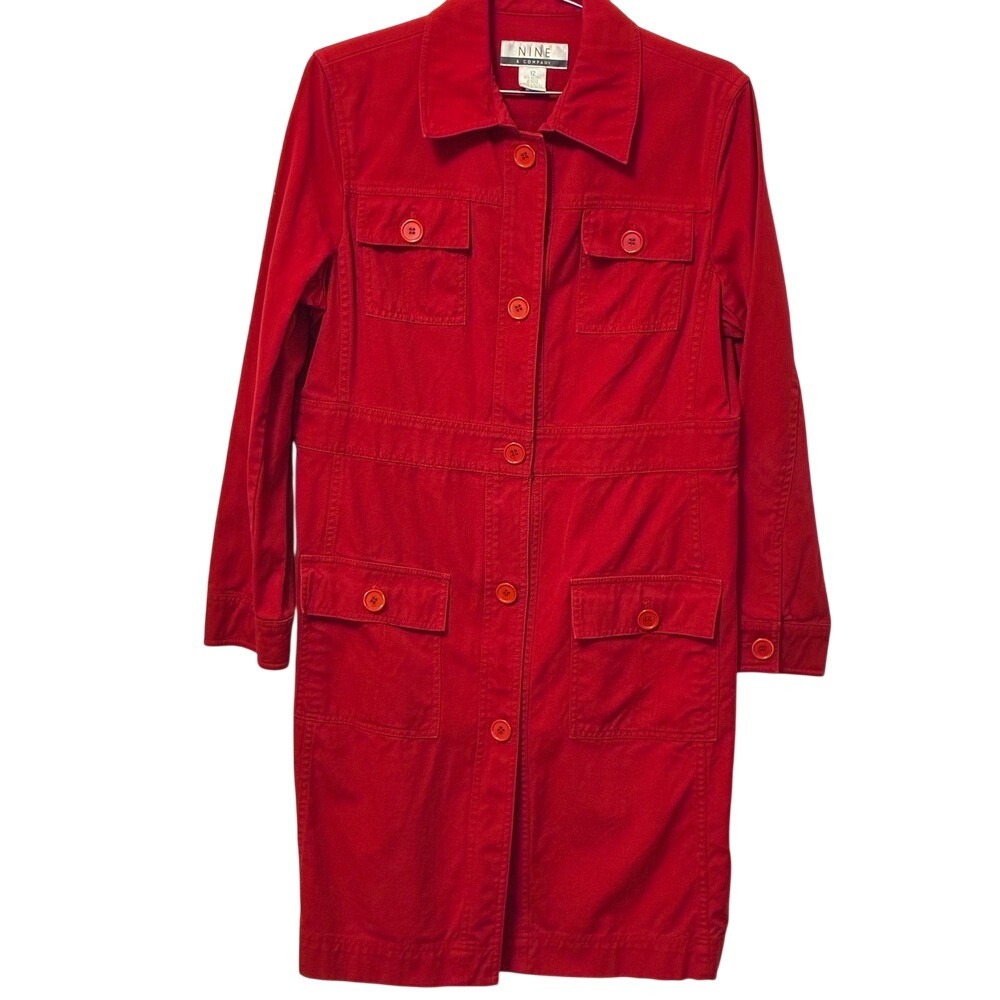 Nine & Company Red Cotton Utility Trench Coat Longline Jacket Womens Size 12